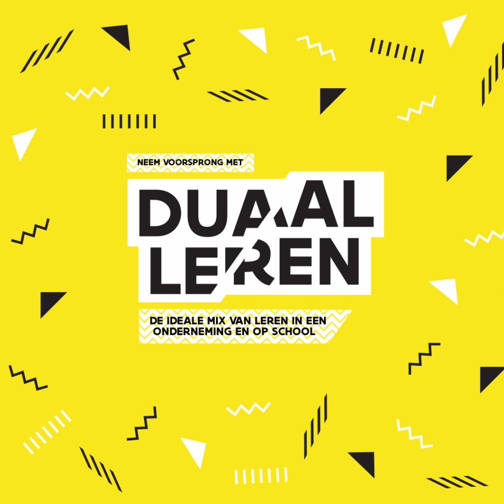 logo duaal leren, slogan: neem voorsprong met duaal leren, de ideale mix van leren in een onderneming en leren op school