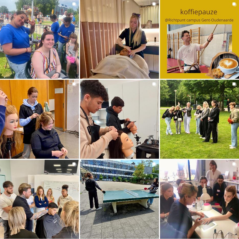 9 posts op instagram van richtpunt campus Gent-Oudenaarde met verschillende leerlingen in de klas en op de schoolactiviteiten